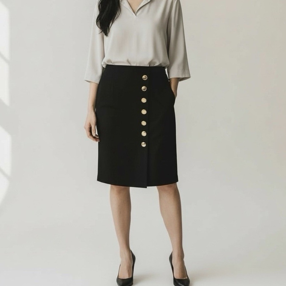Carmen Marc Valvo Alie Pencil Skirt with Gold Buttons Black Size 8 Glam Holiday